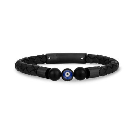 Black Leather Evil Eye Bracelet - Mens Steel Leather Bracelets - The Steel Shop