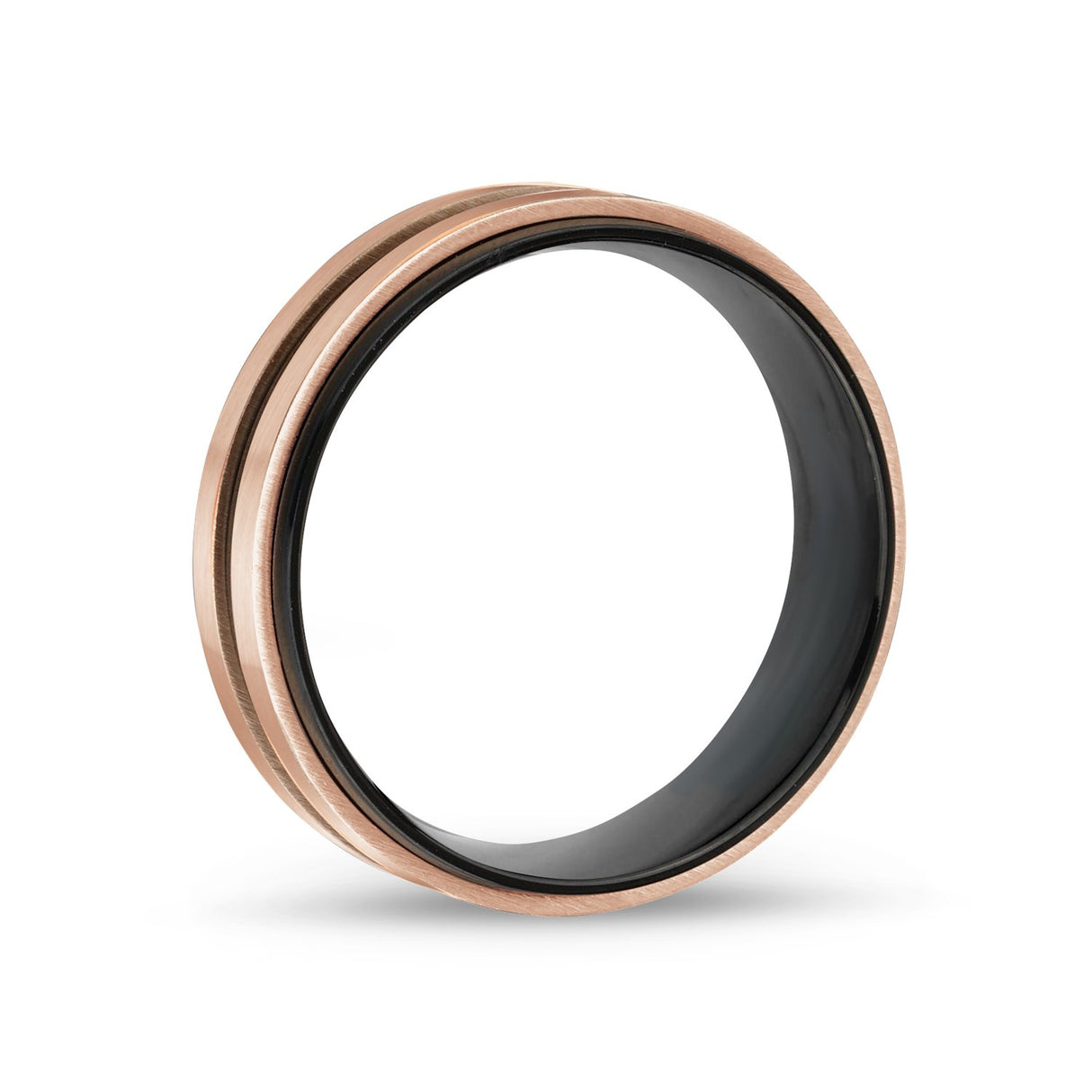 Anel de Casamento Homem - 7mm Rose Gold & Black Steel Band Ring - Gravável